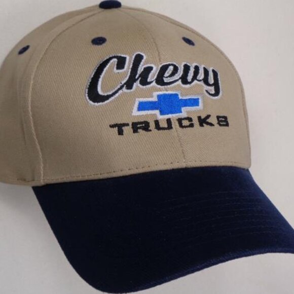 Accessories - Retro 80s Hat Cap Licensed Chevrolet Chevy Trucks Tan Navy Blue Bill Car Show